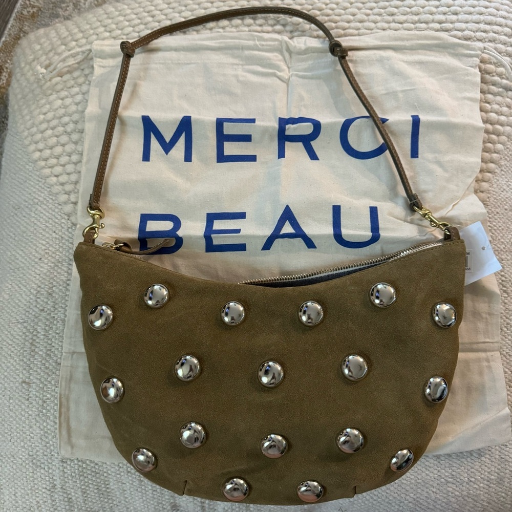 CLARE V Lune Shoulder Bag Oat Suede with Studs Studded Handbag NWT